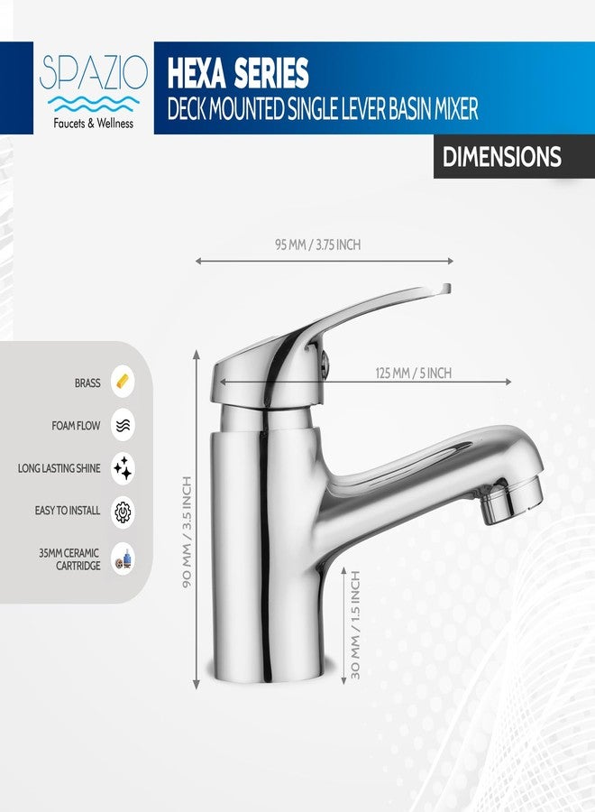 SPAZIO خلاط حوض سبازيو هيكسا النحاسي ذو ذراع واحد، صنبور خلاط للماء الساخن والبارد لحوض الغسيل المثبت على سطح الطاولة، للحمام، بجسم بارتفاع 6 بوصات وخرطوم مضفر بطول 18 بوصة، صنبور خلاط حوض مطلي بالكروم - Image 2